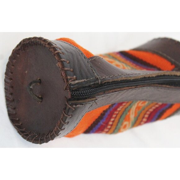 Peruvian Peru Pencil Stationary Case Cylinder Woven Native Blanket Leather Pouch - Picture 6 of 9